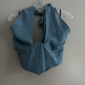 Blue, wrap front, halter corset crop top
